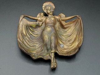 Vintage Brass Art Nouveau Woman Trinket Dish Risque Lady With Dress Dancing