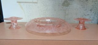 1930s Vintage Paden City Glass Black Forest Cheriglo Pink Console Set 3pc