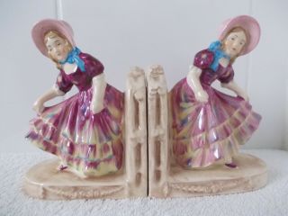 Vintage Art Deco Crinoline Lady Bookends - Hand Painted