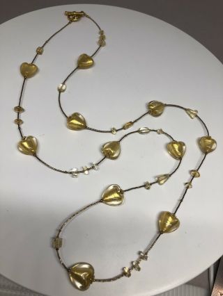 Vintage Italian Venetian Murano Gold Foil Art Glass Beads & Citrine Necklace 32”