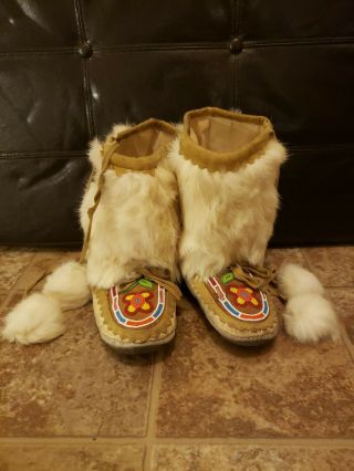 Vintage Cree Beaded Hide Fur Trim Plains Indian Pom Pom Moccasins Mukluks 1970s