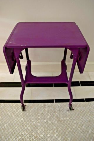 Vintage Metal Typewriter Desk Table Folding Drop Leaves Rolling Wheels Purple