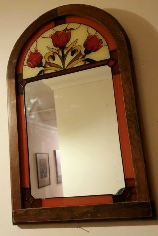 Antique Arts & Crafts Stained Glass & Oak Arched Mirror