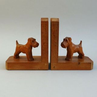 Vintage Art Deco Wooden Bookends Carved Scottie Dogs With Glass Eyes
