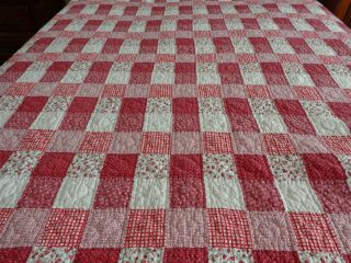 Vintage Red & White Tiny Print Hand Stitched Quilt 82 X 84 "