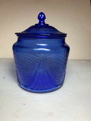 Vintage Hazel Atlas Cobalt Blue Royal Lace Cookie Jar
