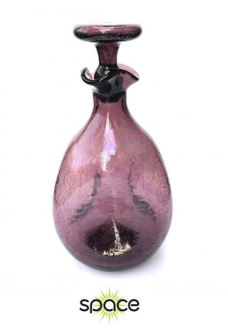 Vintage Purple Blenko Crackle Glass Pinch Decanter Bottle W/ Stopper Mid - Century