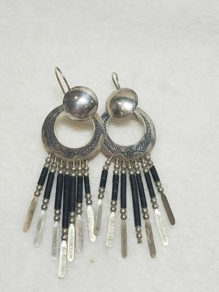Vintage Old Pawn Navajo Sterling Silver Black Dangle Earrings