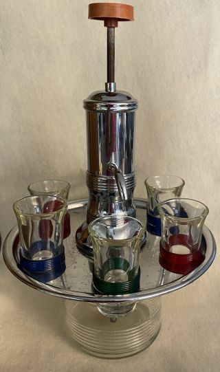Antique Art Deco Chrome Liquor Dispenser Holder & 6 Color Banded Shot Glasses