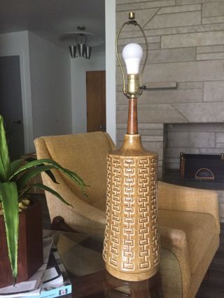 Vintage Danish Mid Century Table Lamp Walnut Teak Ceramic Geometric Pattern