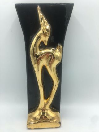 Mid Century Black And Gold Vase With Deer - Gazelle Mcm 11.  5”