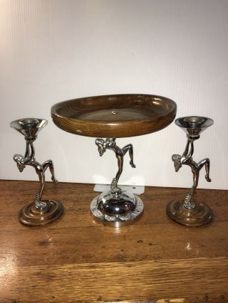 Antigue Vintage Art Deco Nude Dancer Chrome Candlestick Holders & Candy Compote
