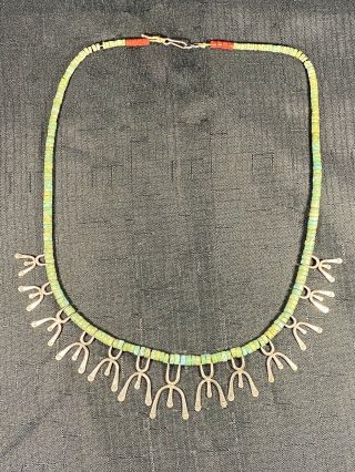 Vintage Native American Sterling Silver Bench Beads Turquoise & Coral Necklace