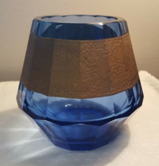 Vintage Art Deco Geometric Panelled Art Glass Bowl Cobalt Blue Gold Overlay