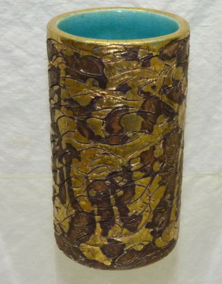 Vintage Gene Lodi California Studio Art Pottery Mcm Vase Brown Gold Turquoise