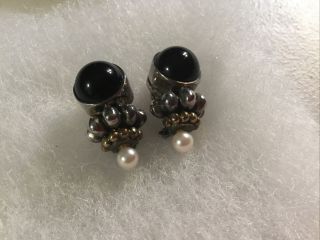 Vintage Lagos Caviar Black Onyx & Pearl Sterling Silver & 18k Gold Stud Earrings