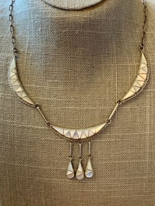 Mop Inlay Necklace Sterling Silver Vintage Native American Mother Of Pearl 19 "