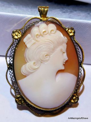 Vintage Cameo Pendant Carved Shell From Estate 1/20 12k Gf 1¾” X 1 - 3/8 "