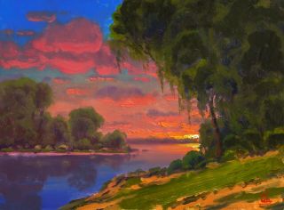 Florida Oil Painting Highwaymen Vintage Like Art Lake Sunset Moss 0841 Max Cole