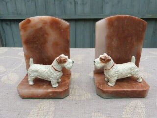 Quality Vintage 1930s Cold Painted Metal Terrier Dog & Onyx Bookends