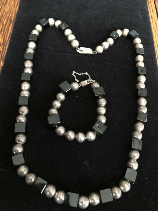 Vintage Mexican Sterling Silver And Black Onyx Necklace/bracelet Set.  Heavy