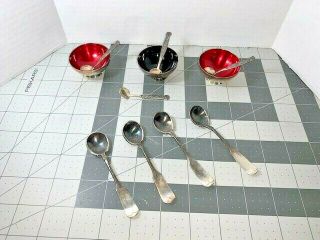 3 Meka Denmark Red & Black Enamel Salt Cellar 4 Meka Spoons & 4 Rogers Spoons