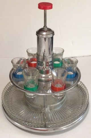 Vintage Mcm Pump Liquor Decanter In Chrome Stand 6 Shot Glasses 3 Crystal Trays
