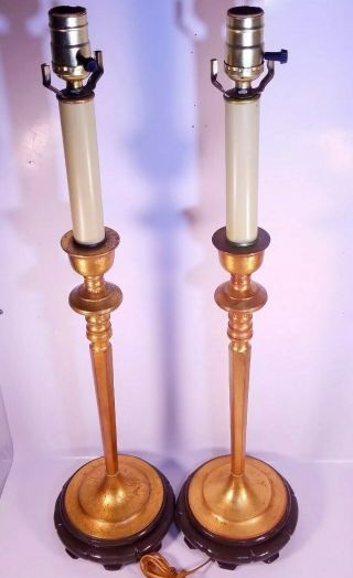 Vintage Gold Gilded Brass Tall Buffet Table Candlestick Lamp Set Of 2