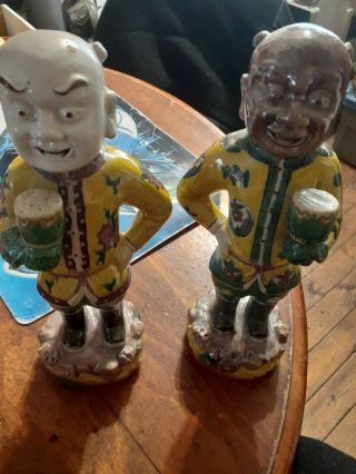 2 Vintage Asian Oriental Ceramic/porcelain Male Statues Figurine 11 1/2