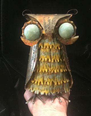 Vtg Owl Metal Art Sculpture Brutalist Mid Century Enameled Brass Patina
