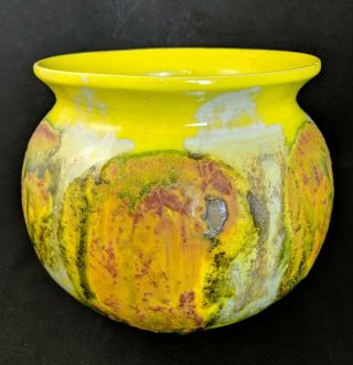 Vintage Yellow Ceramic Cachepot W/orange,  Green Lava Drip Glaze