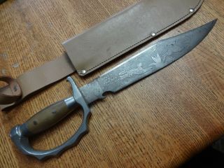 Vintage Large Mexican Ethched Bowie Fighting Knife 13 1/2 " Long With Sheath