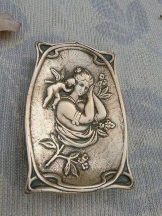 Ornate Antique Art Nouveau Embossed Cast Bronze Pin Card Dish.  313 Grams