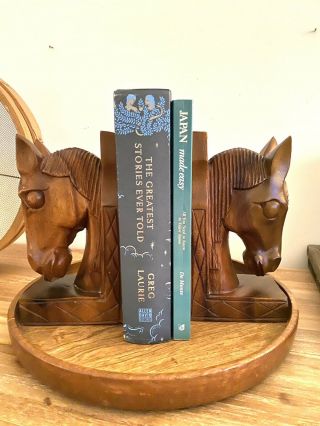 Vintage Mid Century Hand Carved Rosas Wood Horse Head Bookends