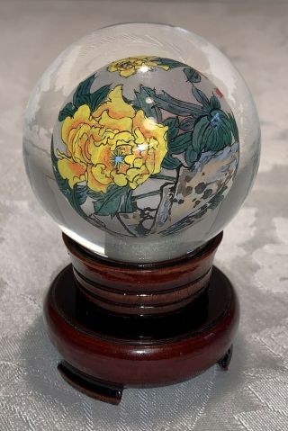 Vintage Reverse Hand Painted Glass Globe Ball Asian Birds & Flowers 2 1/4 " Diam
