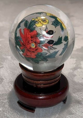 Vintage Reverse Hand Painted Glass Globe Ball Asian Birds & Flowers 2 1/4 