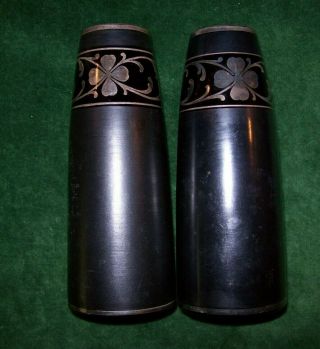 Pair Art Nouveau Black Glass Vases,  Silver Deposit Design - Christmas?