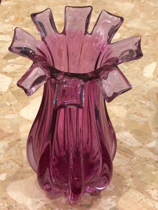 Vintage Murano Italian Art Glass Sommerso Purple Clear Rib Cut Petal 11” Vase