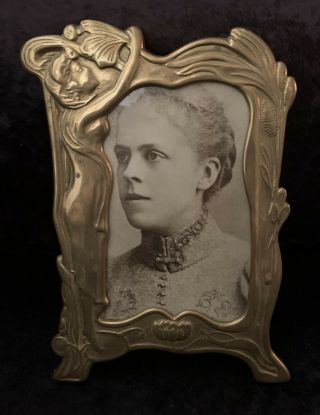 Art Nouveau Brass Picture Frame With Swivel Foot And Period Photograph