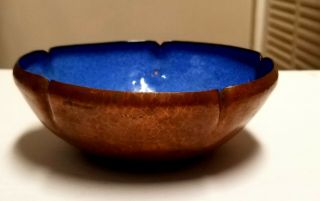 Arts and Crafts Hammered Copper Enamel Bowl Signed Dated 1943 3