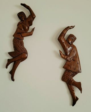Pair Vintage Mid Century Carved Wood Wall Art Hanging Man Woman Dancing Tiki