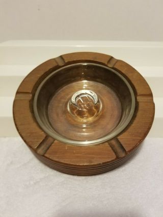 Vintage Wooden Round Ashtray Mid Century Modern Mcm Wooden Clear Glass Round
