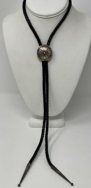 Vintage Navajo Old Pawn Sterling Silver Hand Stamped Round Concho Bolo Tie