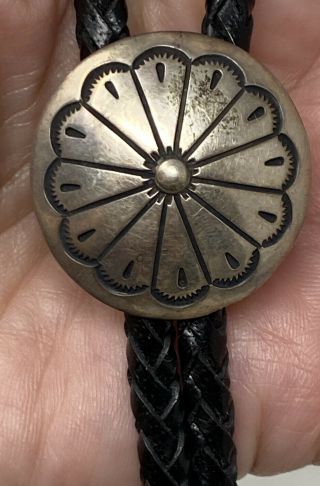 VINTAGE NAVAJO OLD PAWN Sterling Silver Hand Stamped Round CONCHO BOLO TIE 3