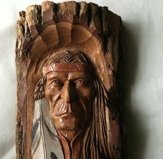 Vtg Hand Carved Wood Spirit Native American Indian Chief Tree Bark Log Signed