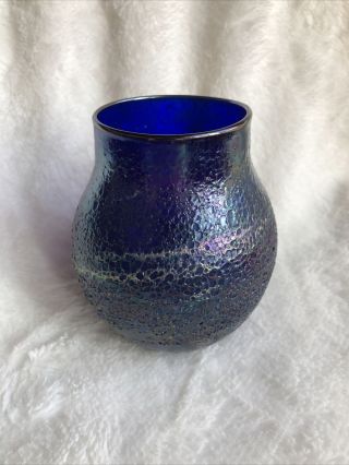 Charles Lotton Studios Blue Molten Lava Vase Signed 1975 Vintage 4.  5 " Tall