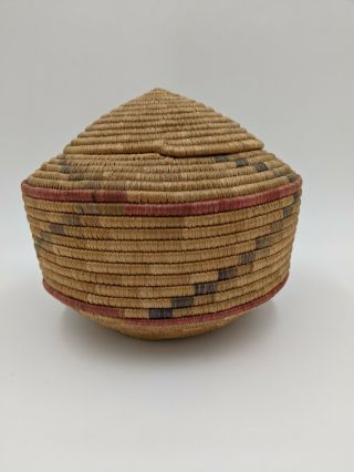 Vintage Native Alaskan Yupik Inuit Coiled Dome Lidded Woven Storage Basket