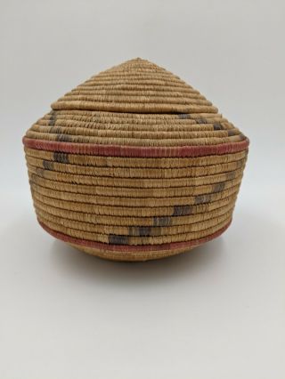Vintage Native Alaskan Yupik Inuit coiled dome lidded woven storage basket 2