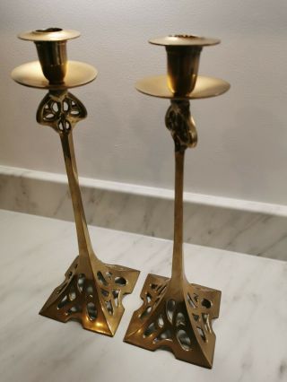 Large 14 " Art Nouveau Style Brass Candlesticks Candle Holders Jugendstil