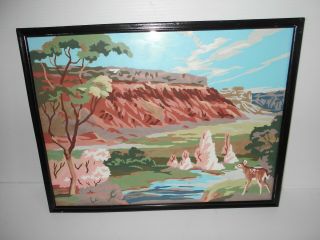 Vintage Framed Paint By Number Picture Of A Deer By A Creek - 16 3/4 " X 12 3/4 "